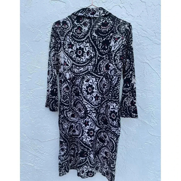 Diane Von Furstenberg Womens 3/4 Sleeve Collared Silk Shift Dress Black Floral 4 - Picture 2 of 12